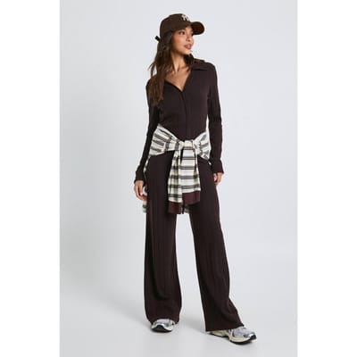 boohoo Dames Geborstelde rib broek met wijde pijpen | Chocolate | Maat: 6