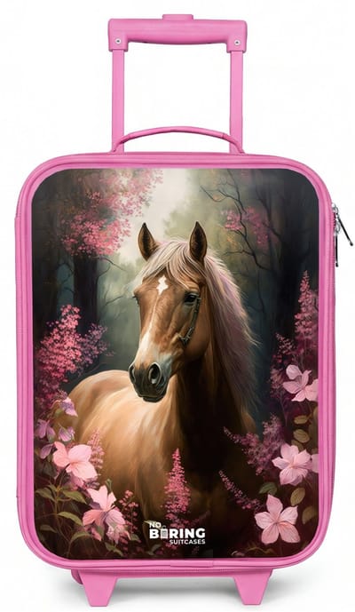 NoBoringSuitcases.com® - Kinderkoffer roze - Kindertrolley meisje - Lichtbruin paard tussen de roze bloemen - Koffer kind lichtgewicht - Reiskoffer trolley voor kinderen - Koffertje met lichtgevende wieltjes - Rolkoffer