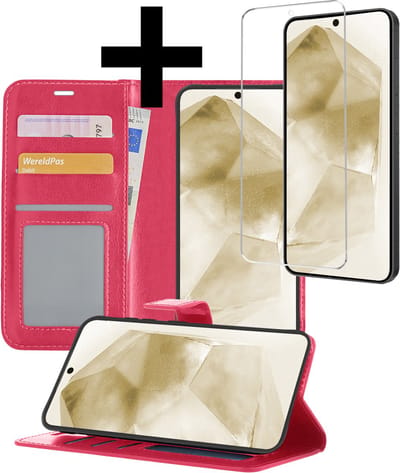 Hoesje - Met Screenprotector - Geschikt voor Samsung Galaxy A55 - Luxe Pasjeshouder - Bookcase Portemonee - Flip Case - Kunstleer Book Case - Flipcase - Book Cover - Walletcase - Portemonneehoes - Telefoonhoesjes - Donkerroze