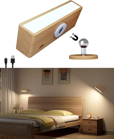 Daity Houten wandlamp op batterijen - oplaadbare magnetische wandlamp - opplakbare wandlamp voor in de slaapkamer - dimbare wandlamp voor op het bed - draadloze leeslamp op batterijen voor in de slaapkamer 1 stuk