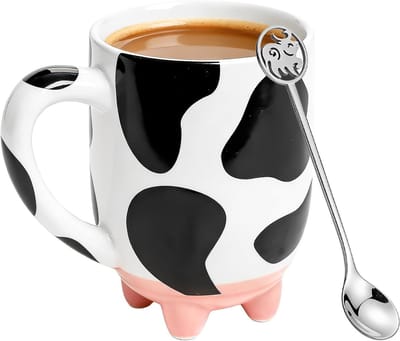 Ceramische Koffiemok met Koeienprint en RVS Lepel - 550ml Koffiemok voor Thuis en Kantoor, Perfect Cadeau voor Vrouwen en Meisjes