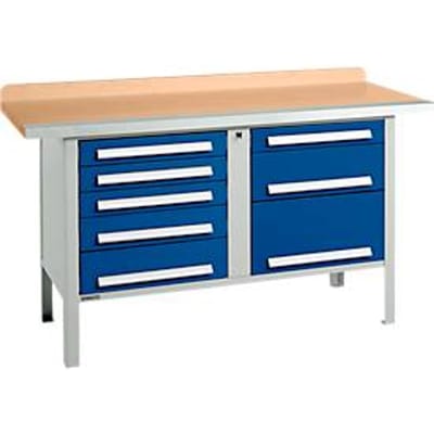 Box-type werkbank Schäfer Shop Select PWi 150-8, beuken multiplex blad, met stalen rand, tot 750 kg, B 1500 x D 700 x H 840 mm, gentiaanblauw