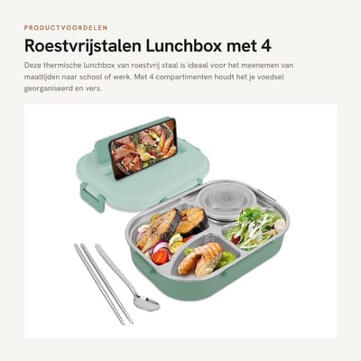 Dailygoods- Lunchbox Roestvrij Staal - Thermische Bento Box - Draagbare Voedselopbergdoos - 4 Roosters - Siliconen Afdichtring - Vierzijdige Vergrendeling