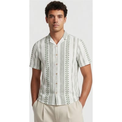 No Excess Shirt Short Sleeve Revers Collar Slub Allover Printed Green Maat: L | Casual Overhemden Outlet | Heren | Groen