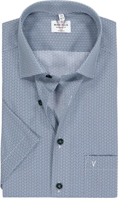 MARVELIS modern fit overhemd - korte mouw - popeline - blauw met wit en groen dessin - Strijkvrij - Boordmaat: 40 (EU maat: M)