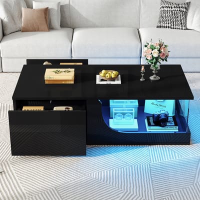 DESMIU Salontafel - Hoogglans Met Led En Twee Laden - Voor Woonkamer En Werkhoek - MDF En Glas - 100 X 50 X 30 Cm - Zwart