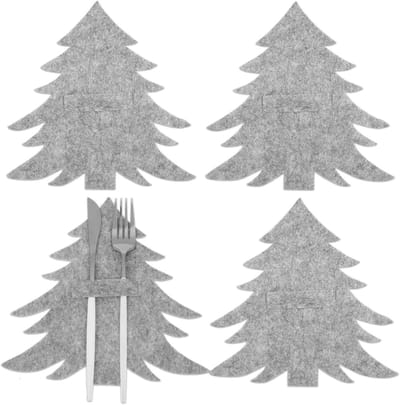 4 Stuks Kerstboom Bestekhouders, Praktische Bestekzakken voor Feestelijke Tafelversiering, Grijze Vilt Houdertjes voor Kerstmis en Eten
