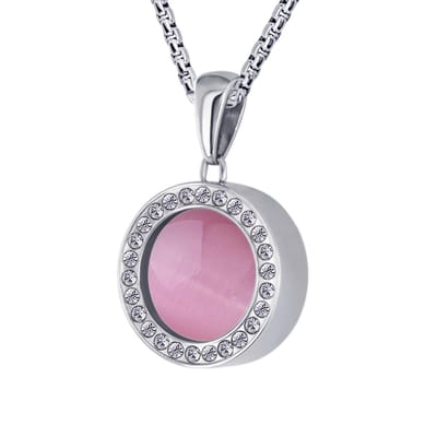 Quiges 12mm Mini Munt Hanger Zilverkleurig RVS Glans met Cat's Eye Roze Munt en Box Ketting Ankerketting 42-46cm
