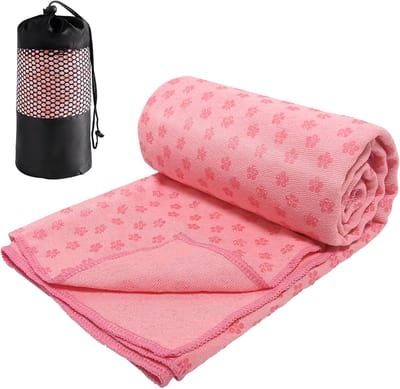 Yogamathoes - Yogamat - Fitness mat - Sport mat - Yogamat handdoek - Yogahanddoek - Sporthanddoeken - antislip - met mesh draagtas - sneldrogende - draagbare - ademende yogamat handdoek - voor fitnesstraining, pilates en fitness - 183*63 cm - roze