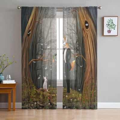 Bosdier Vos Konijn Tule Gordijnen Voor Woonkamer Doorzichtig Gordijn Slaapkamer Voile Decoratieve Raambekleding 135W x 114H(cm) black