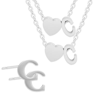 Initiaal Ketting & Armband & Oorbellen set met Letter C Zilverkleurig - Stainless Steel - Met letter & Hartje! - 3x Sieraden Cadeau - Pax Amare