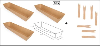 50x Bio Frikandelbakje kraft bruin A16 karton + 50x houten vorkje - Frikandel bakje snacks food take away festival thema feest