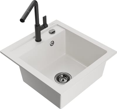 Mexen Vito granieten gootsteen 1-komorige met keukenkraan Flora, wit - 6503-20-670401-70-B