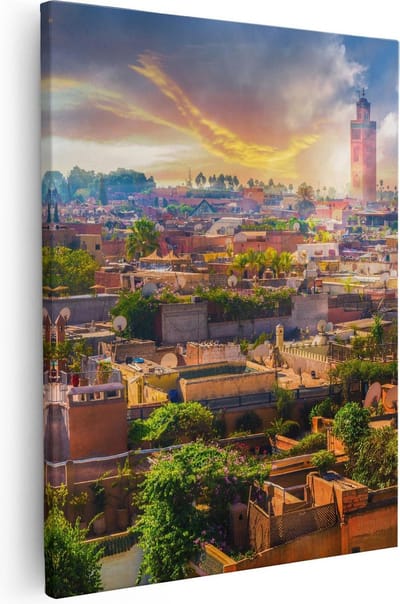 Artaza Canvas Schilderij Skyline Marokko - 40x50 cm - Wanddecoratie Zonsondergang - Muurdecoratie Stad - Kamer Accessoires Woonkamer