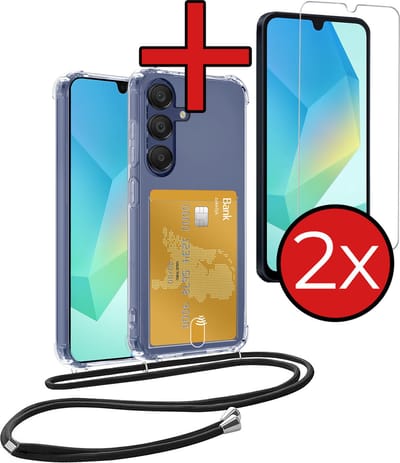 Hoesje Geschikt voor Samsung A16 Hoesje Met Telefoonkoord en Pasjeshouder Met 2x Screenprotector Siliconen - Hoes Geschikt voor Samsung Galaxy A16 Hoesje Met Kaarthouder Shock Proof Case - Transparant