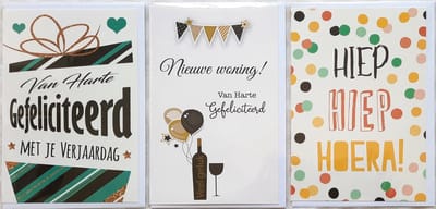 3 Wenskaarten - Nieuwe Woning! Van Harte + Gefeliciteerd + Hiep Hiep Hoera - 12 x 17 cm – WON-309