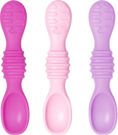 Bumkins - Silicone Dipping Spoons Siliconen Baby Diplepels – Set van 3 Ergonomische Oefenlepels – Zacht Baby Bestek en Bijtspeeltje voor Zelfstandig Leren Eten – Vanaf 3 Maanden - Lollipop