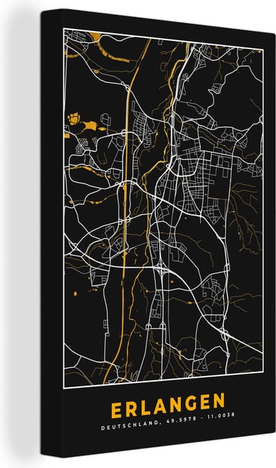 Canvas Schilderij Stadskaart – Kaart – Erlangen – Gold – Duitsland – Plattegrond - 20x30 cm - Wanddecoratie