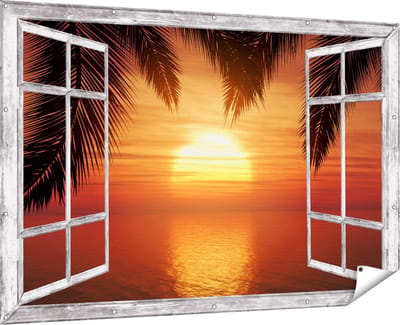 Gards Tuinposter Doorkijk Zonsondergang op het Strand met Palmbomen - 180x120 cm - Tuindoek - Tuindecoratie - Wanddecoratie buiten - Tuinschilderij