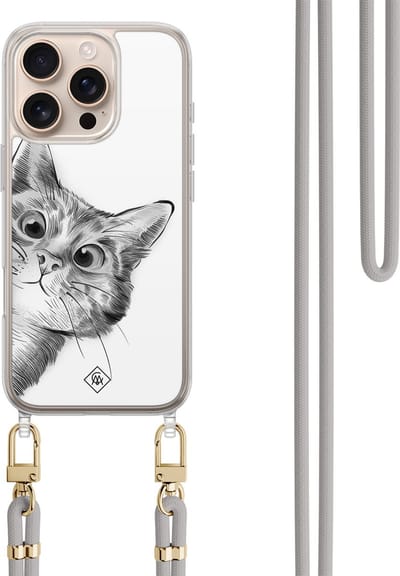 Casimoda® hoesje met koord - Geschikt voor iPhone 16 Pro Max - Peekaboo Kat - Afneembaar koord - TPU/polycarbonaat - Grijs