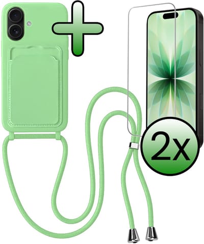 Hoes Geschikt voor iPhone 17 Hoesje Pas Houder Case Hoes Met Koord Met 2x Screenprotector - Hoesje Geschikt voor iPhone 17 Hoes Met Telefoonkoord Pasjeshouder Cover - Groen