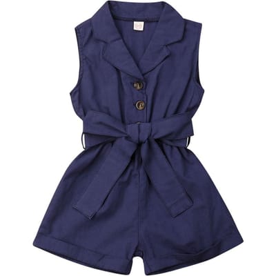 Mode Enfants Bébés Filles Vêtements Sans Manches Cravate à la Taille Combinaisons Tenues Été Combinaison Short Enfant Vêtements 1-2Years bleu marine