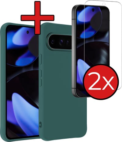 Hoesje - Met 2x Screenprotector - Geschikt voor Google Pixel 9 Pro - Sterk & Shockproof - Telefoon Hoes - Back Cover - Siliconen Case - Telefoonhoes - Donkergroen