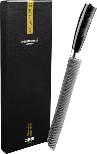 Shinrai Knives - Broodmes 20 cm - Koksmes - Damascus Print - Epoxy Onyx - Met Luxe Geschenkdoos - Broodmes gekarteld - Keukenmes