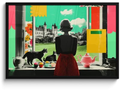 Poster in lijst - Fotolijst 90x60 cm - Posters - Vrouw - Keuken - Katten - Doorkijk - Posterlijst zwart - Decoratie - Wanddecoratie woonkamer - Muurdecoratie slaapkamer