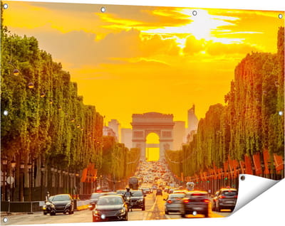 Gards Tuinposter Arc de Triomphe bij de Autoweg - 120x80 cm - Tuindoek - Tuindecoratie - Wanddecoratie buiten - Tuinschilderij