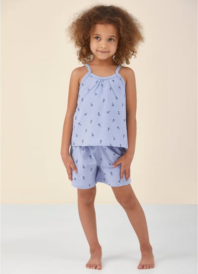 Little Label - shortama meisjes - blauw bloemetjes - 110-116 / 6Y - extra zachte bio-katoen