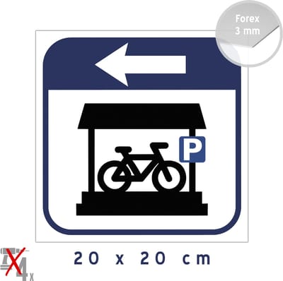 Pictogram/ bord | Overdekte fietsenparking <--- | 20 x 20 cm | Regenweer | Droge fietsenstalling | Fietsers | Parkeerplaats fiets | Stalling | Steps | Elektrische | Pijlen | Links |1 stuk