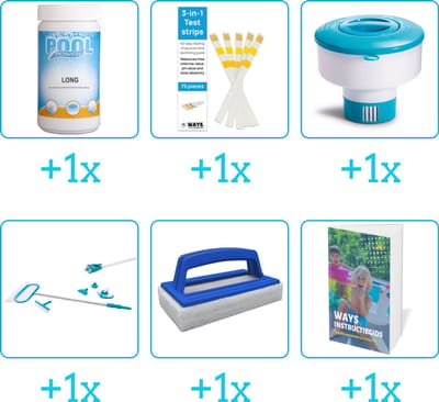 Zwembad Onderhoudspakket - Onderhoud Zwembad - bevat Chloor - Testrips - Chloordrijver - Schoonmaakset - Scrubborstel en Zwembadgids (6-delig)
