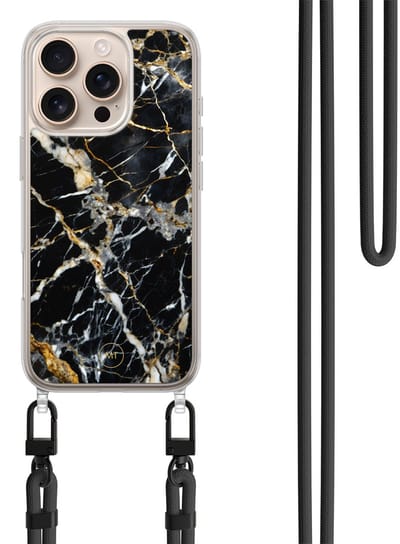 Hoesje met koord geschikt voor iPhone 16 Pro - Black marble elegance - Inclusief zwart koord - Crossbody beschermhoes - Transparant, Zwart, Goud - Mooie Telefoonhoesjes
