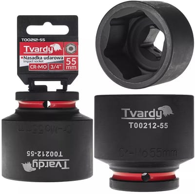 Tvardy slagdop zeskant 55 mm - chroom-molybdeenstaal - kort model, 19 mm vierkant - zwart - voor slagmoersleutel in autowerkplaats en industrie