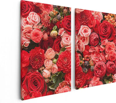 Artaza Canvas Schilderij Tweeluik Rode En Roze Bloemen Met Fruit - Abstract - 80x60 - Foto Op Canvas - Canvas Print