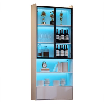 MODENUIT Vitrinekast - Met Glazen Deuren En Lade - Voor Woonkamer En Opbergen - MDF En Glas - 80x34x180 Cm - Wit