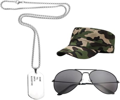 Camouflage Hoed, Zonnebril en Ketting voor Buitenactiviteiten, Verstelbare Hoeden, Cosplay Accessoires en Kostuumdecoratie, Zilver, M