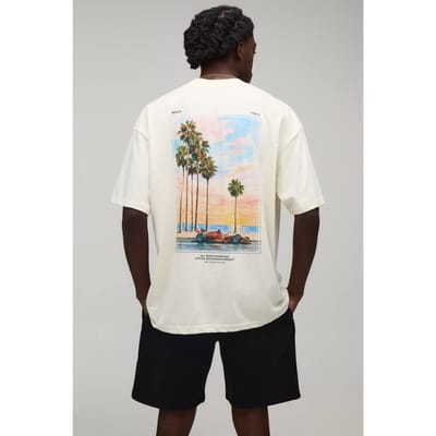 Oversized T-shirt & Short Set Met Verlengde Hals En Sportwagen Palmboom Print | Ecru | Size Small