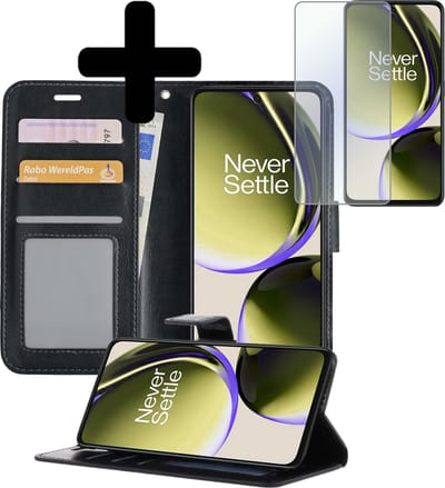 Hoesje - Met Screenprotector - Geschikt voor OnePlus Nord CE 3 Lite - Luxe Pasjeshouder - Bookcase Portemonee - Flip Case - Kunstleer Book Case - Flipcase - Book Cover - Walletcase - Portemonneehoes - Telefoonhoesjes - Zwart