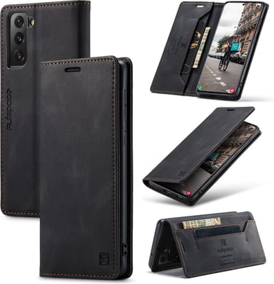 Luxe Flip Case met RFID Bescherming Kaarthouder en Magneetsluiting voor Samsung Galaxy S21 FE 5G _ Zwart
