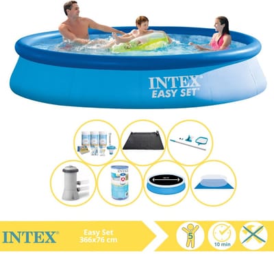 Intex Rond Opblaasbaar Easy Set Zwembad - 366 x 76 cm - Blauw - Inclusief Pomp - Solarzeil - Onderhoudspakket - Filter - Grondzeil - Schoonmaakset - Solar Mat - 8-delig