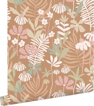ESTAhome behang tropische bladeren en bloemen lichtbruin en meerkleurig - 50 x 900 cm - 130996
