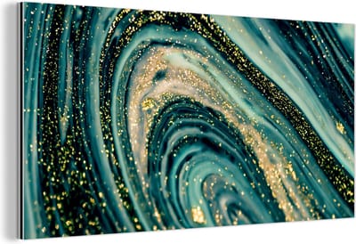 Wanddecoratie Metaal - Aluminium Schilderij Industrieel - Marmerlook - Luxe - Goud - Turquoise - Glitter - 160x80 cm - Dibond - Foto op aluminium - Industriële muurdecoratie - Voor de woonkamer/slaapkamer