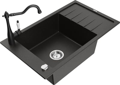 Mexen Elias granieten spoelbak 1-komor met afdruiprek en keukenkraan Carla, zwart/goud metallic - 6511-75-670700-70