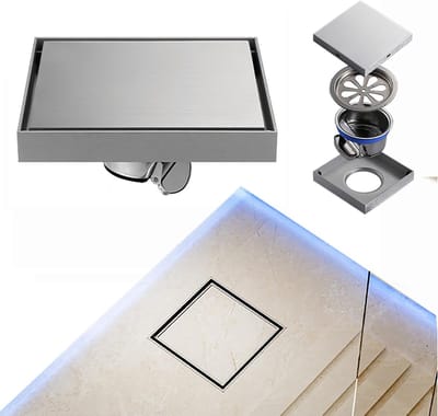 15 x 15 cm, doucheafvoer, plat, betegelbaar, sifon 360° met geur- en haarfilter voor walk-in douche, materiaal van roestvrij staal