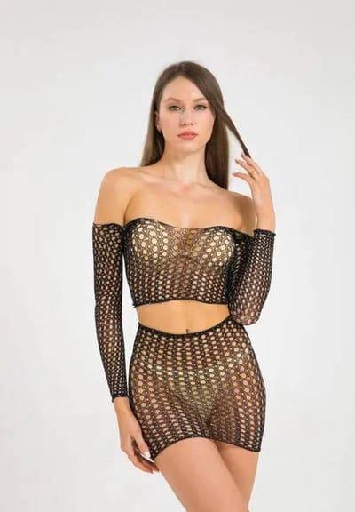 Cindylove - Rokje met Strapless Topje en Handschoenen - One Size - Zwart