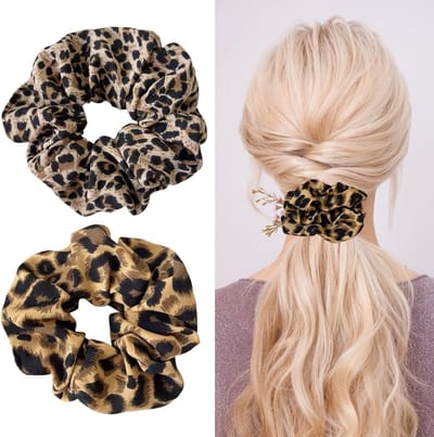 Set van 2 Luipaardprint Scrunchies, Zachte Elastische Haarelastiekjes voor Dames, Retro Haaraccessoires voor Kapsels en Feestjes, Perfect voor Dagelijks Gebruik en Styling