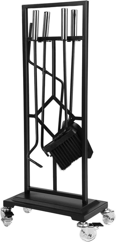 Allecto Plus - Openhaardset 9-delig van smeedijzer met houder en vier wielen | Grote accessoires voor binnen en buiten in de winter op haardstandaard