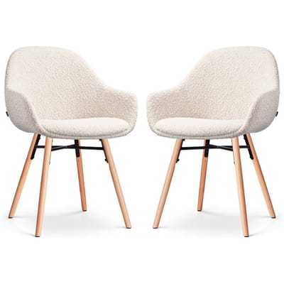Nolon Nena-Mae Eetkamerstoelen Set van 2 Bouclé Beige - met Armleuningen - Stof - Houten Poten - Design - Scandinavisch - Comfortabel